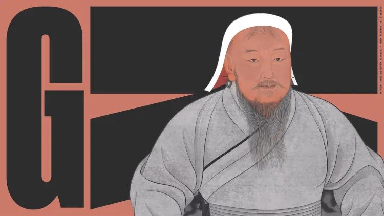 Stylised banner showing illustrated portrait of Genghis Khan in traditional robe with large letter G and K in black behind him on salmon background