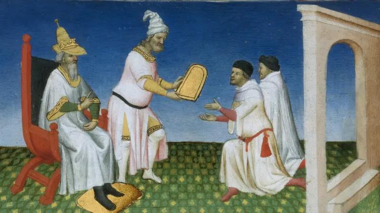 Kublai Khan giving a gold laissez-passer to the Polo brothers. MS BNF Français 2810 f. 3v 