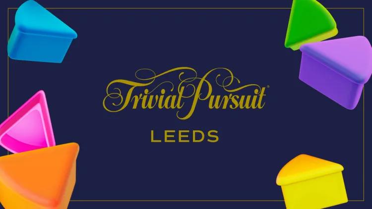 Gold “Trivial Pursuit” script with “Leeds” below on navy field, bordered by bright pink, green, blue, yellow wedge pieces