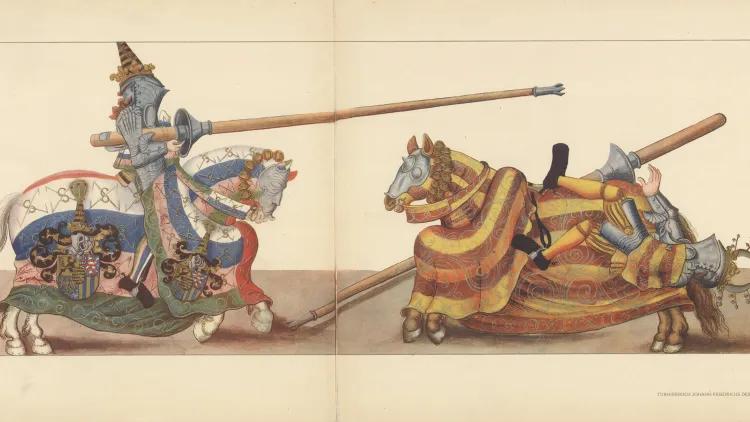Illustration of two knights in armour jousting - one knight is knocked from his horse