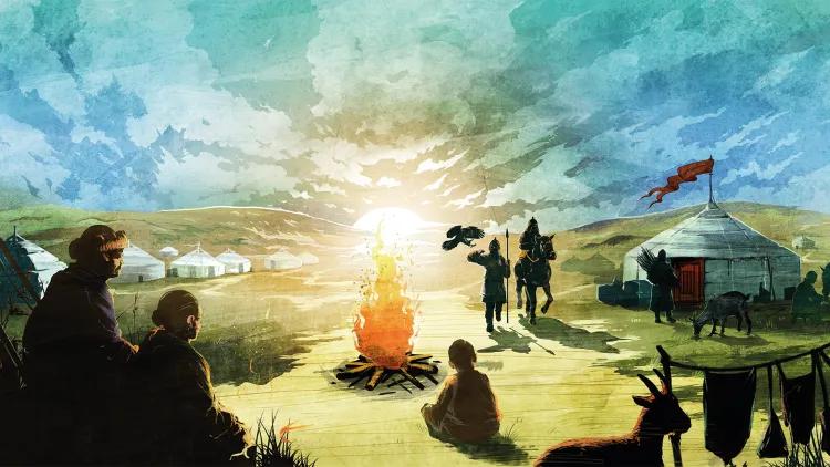 Sunrise over a Mongolian-style camp with tents, people by a fire, horse rider, red flag and grazing animals