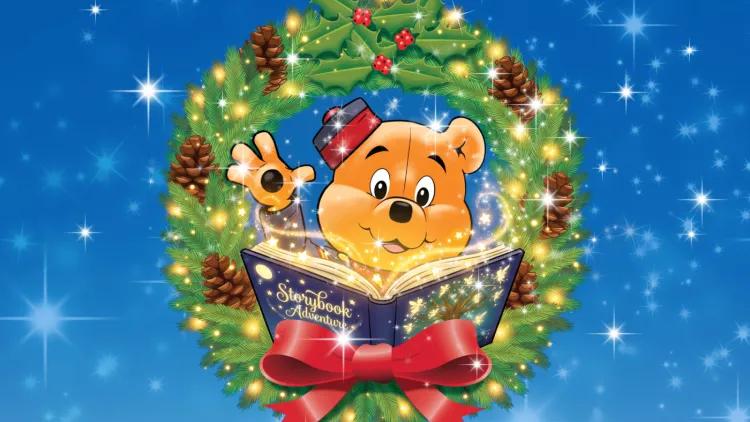 Illustration of a bear in a Christmas wreath