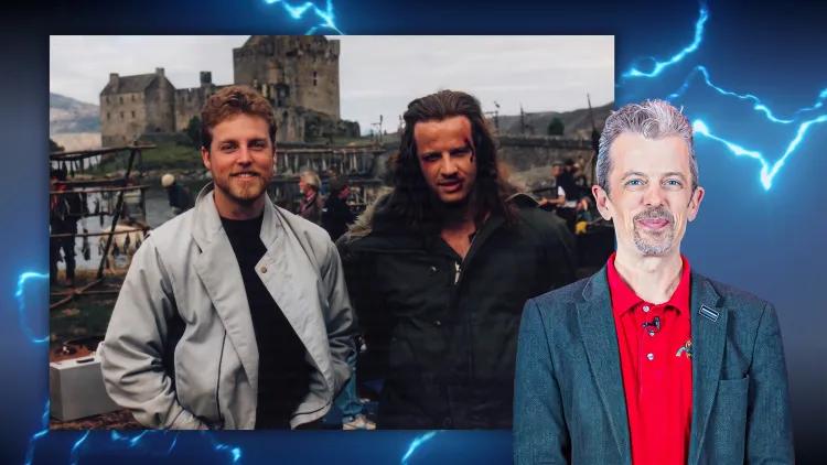 Presenter stands against a blue lightning-themed background beside a vintage snapshot of two people at a castle location