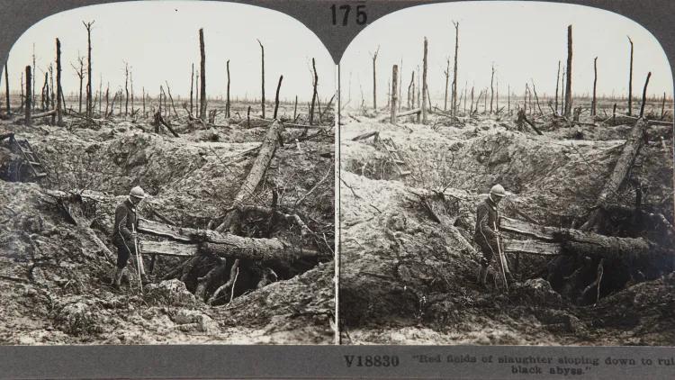 Black-and-white stereoview of a battlefield with shattered tree trunks, deep craters and a soldier standing in foreground