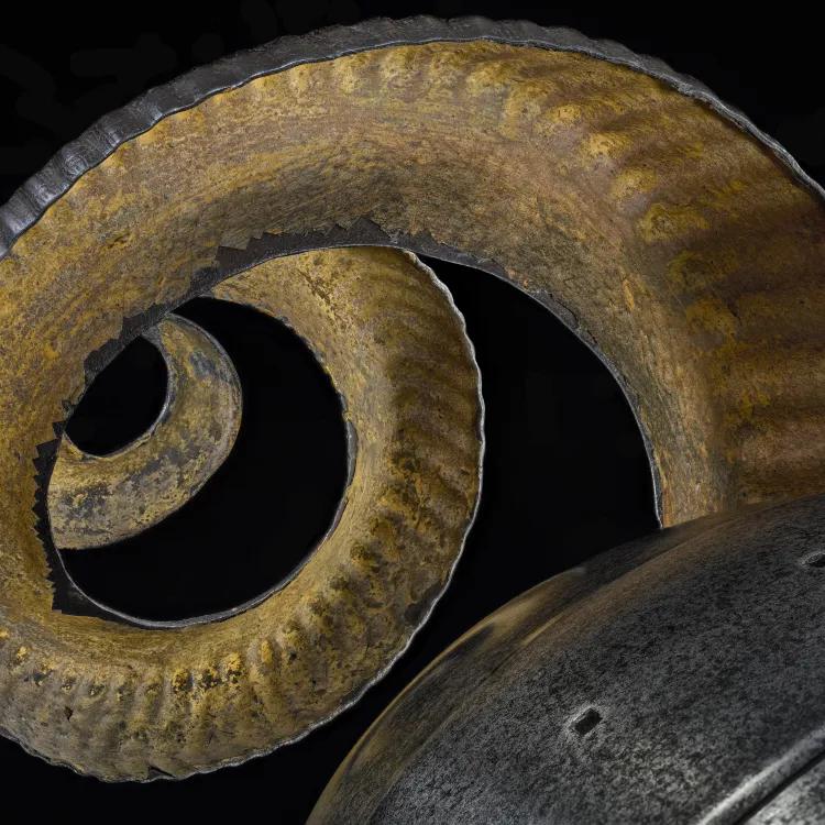 Close up showing snake like horns attached to a helmet