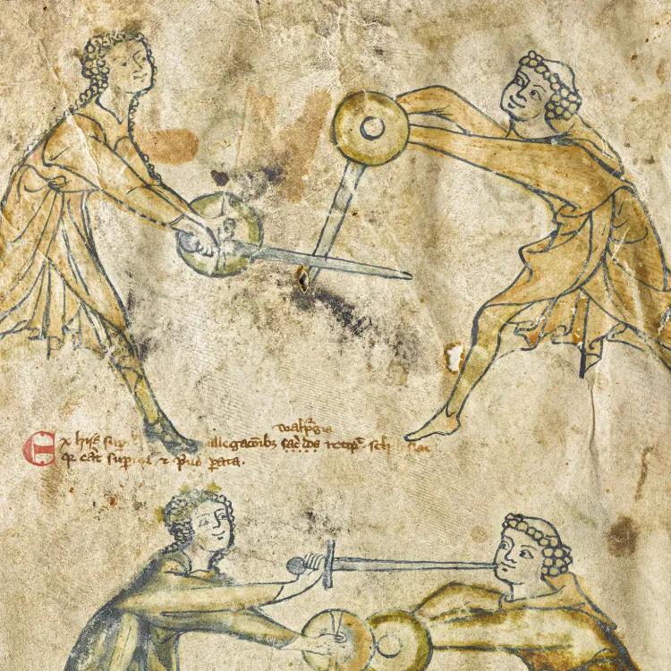 Up close intricate detail of a 14th century fencing manual with drawn images of fencing techniques