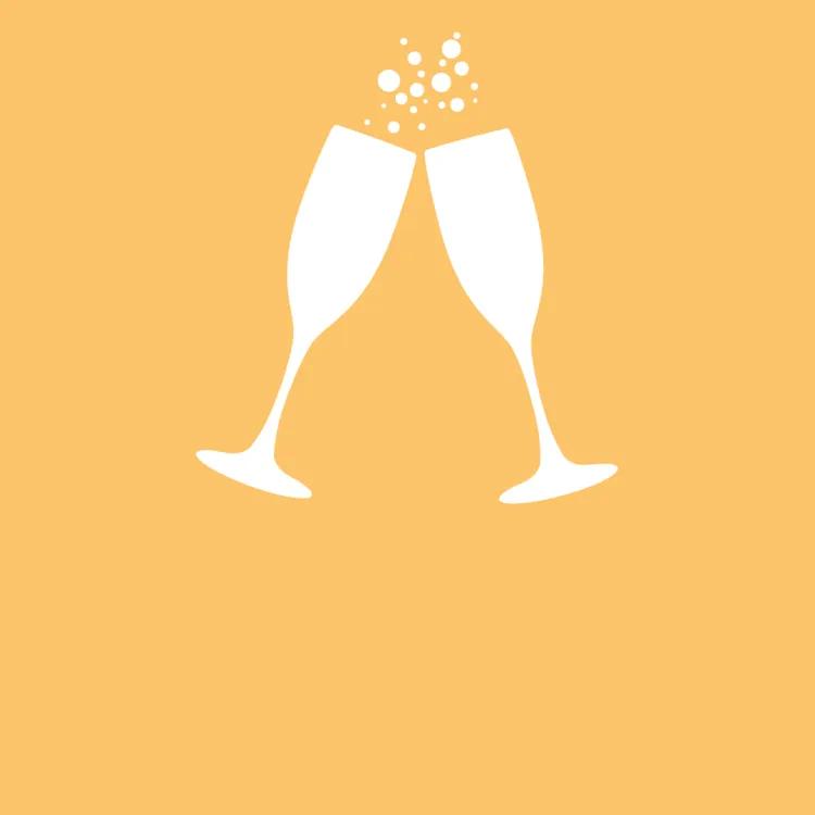 Illustration of 2 champagne glasses on a yellow background clinking together
