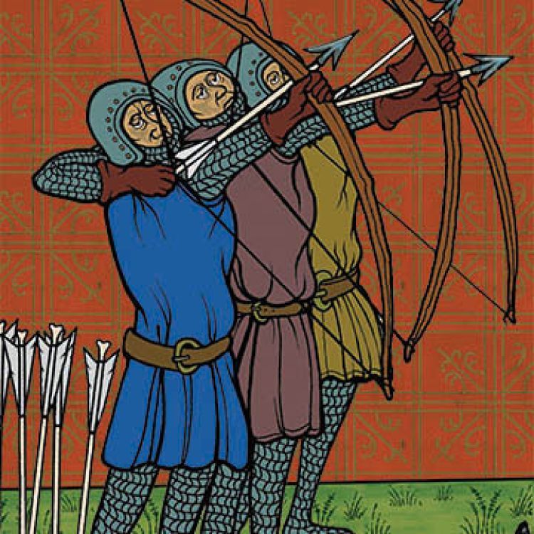 Three archers in different coloured tabards aim their longbows against a red background