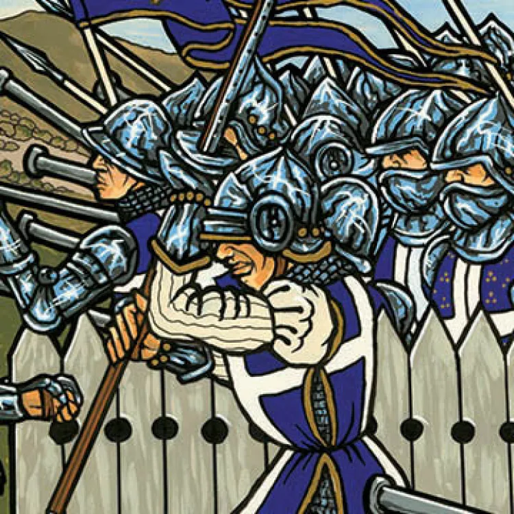  lightly armed soldier in blue and a helmet wields a polearm with other soldiers in the background.