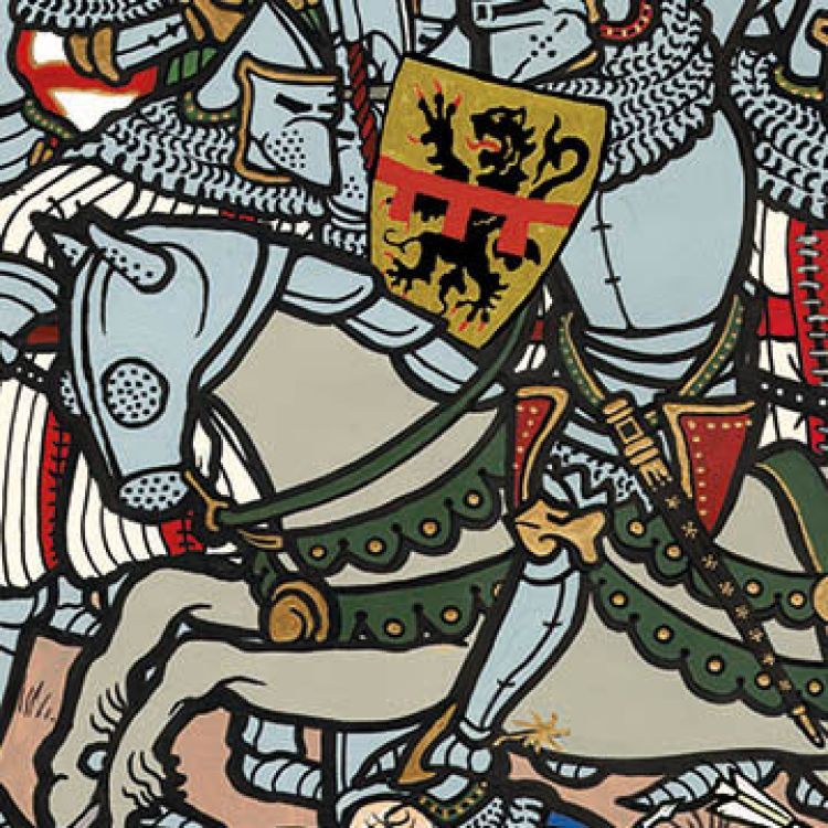 An armoured character on horseback takes part in a battle with other armoured horsemen. In the foreground, a foot soldier is being trampled having been shot with an arrow.