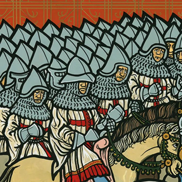 A large gang of lightly armoured soldiers on horseback against a red background