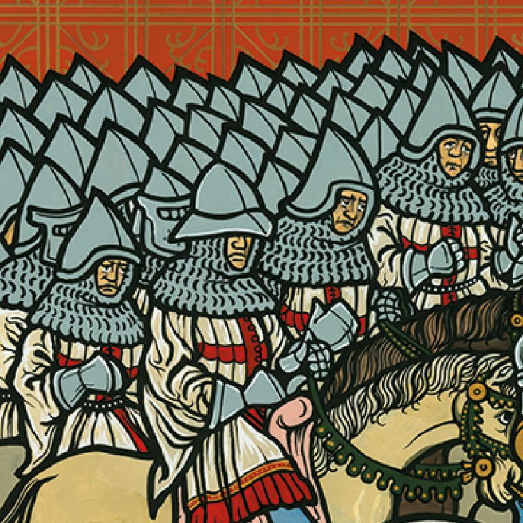 A large gang of lightly armoured soldiers on horseback against a red background