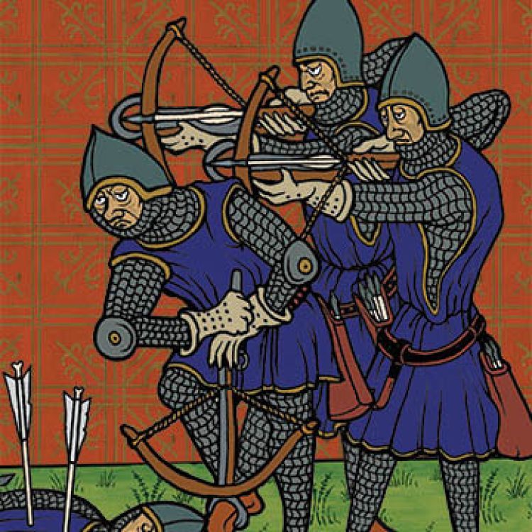 Three crossbow men in blue tabards and mail armour aim and reload their crossbows