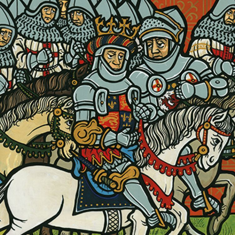 A crowned figure riding on horseback with armoured soldiers against a red background