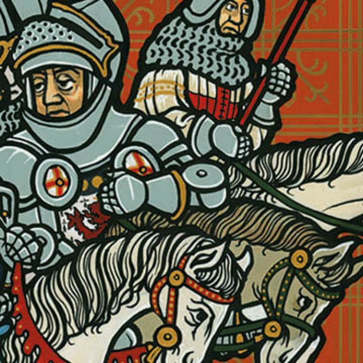 An armoured character on horseback takes part in a battle with other armoured horsemen. In the foreground, a foot soldier is being trampled having been shot with an arrow.