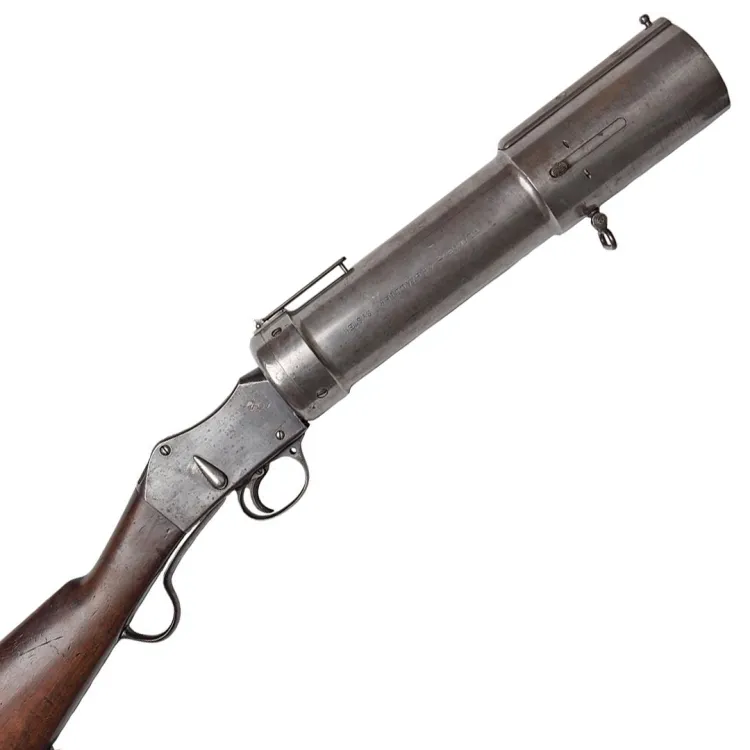 A large barrelled grenade launcher in wood and metal