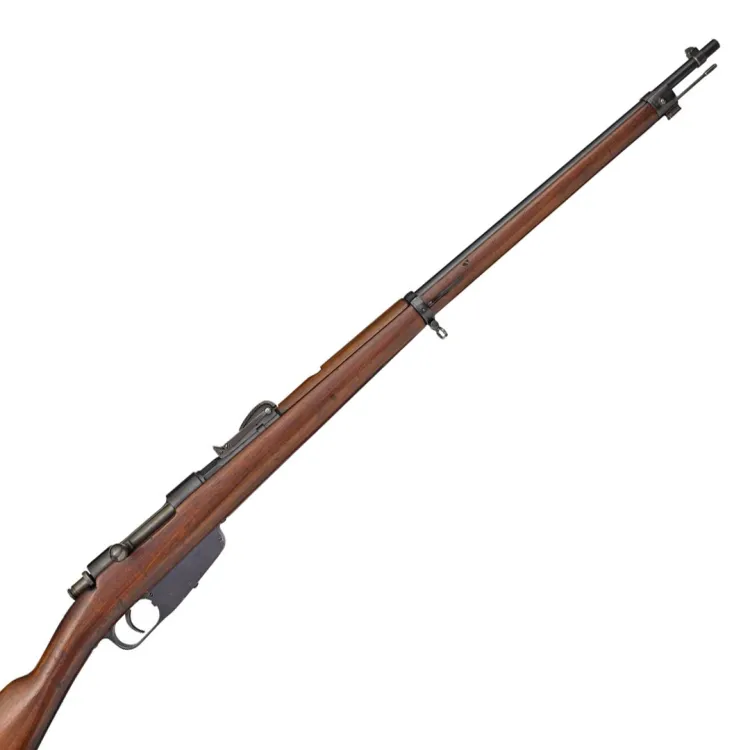 A long barrelled rifle with dark wood exterior and dark metallic fittings