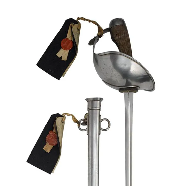 Steel sword with bowled steel hilt guard and wooden textured grip with scabbard