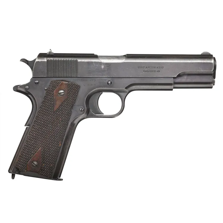 A steel handgun with a wooden grip