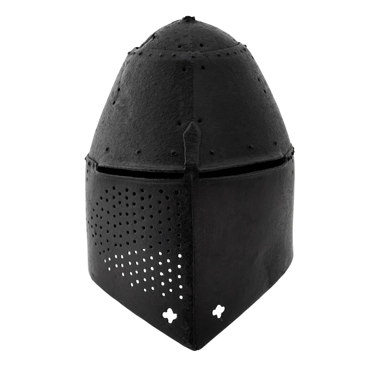 black metal helmet with narrow eye slit and multiple breath holes on left cheek