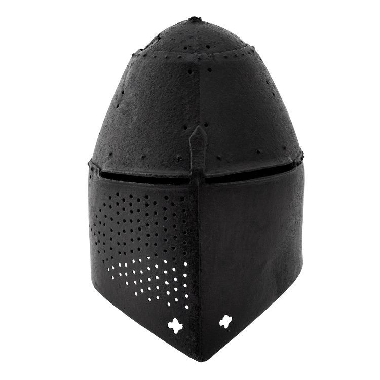 black metal helmet with narrow eye slit and multiple breath holes on left cheek