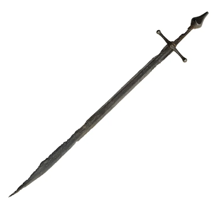 Corroded sword with straight cross guard and pear-shaped pommel and straight single-edged that curves to a point blade