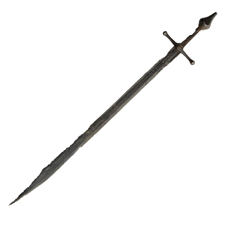 Corroded sword with straight cross guard and pear-shaped pommel and straight single-edged that curves to a point blade