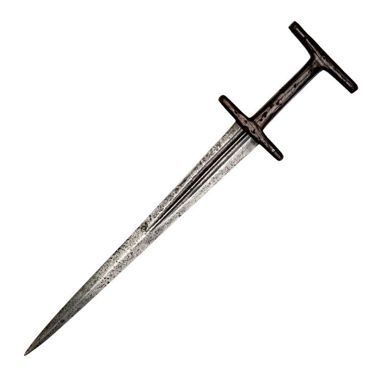 A dagger with a wooden "capital I" shaped hilt and a broad two-edged blade and acute point