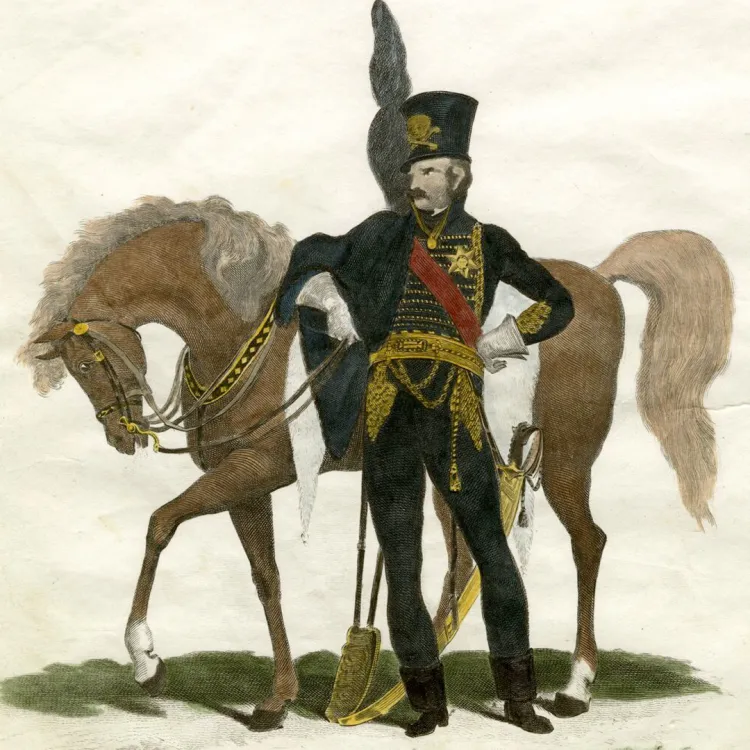 An engraving of the Duke of Brunswick in traditional black military wear