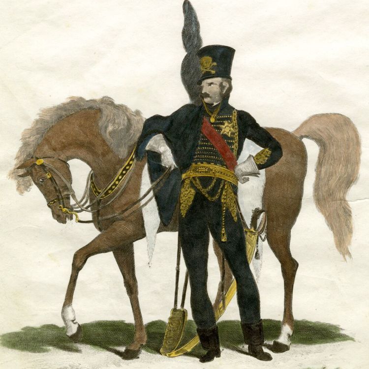 An engraving of the Duke of Brunswick in traditional black military wear