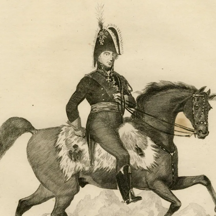 An engraving of Prussian General Bulow on a horse