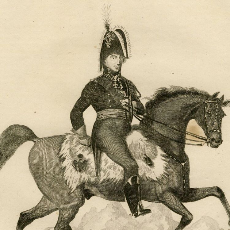 An engraving of Prussian General Bulow on a horse