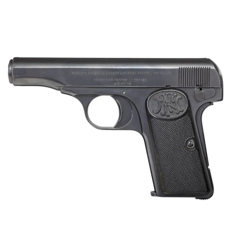 A small, black metallic pistol with an emblem of the manufacturers 'FN' on the grip