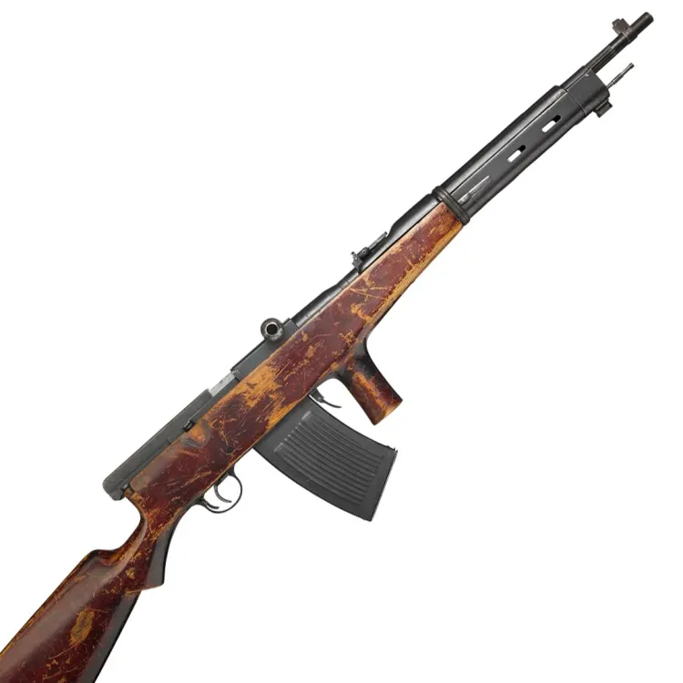 A wooden framed semi-automatic rifle with a metal curved magazine and metal gun barrel