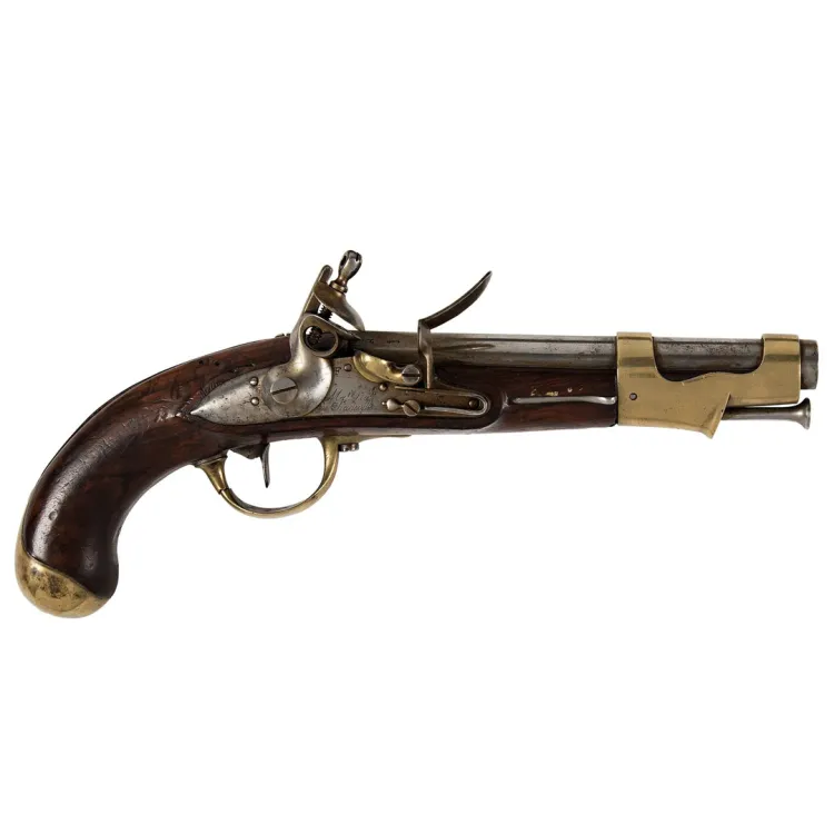 Octagonal barrelled flintlock pistol with brass pan engraved 'Mare Nale de Charlevill".