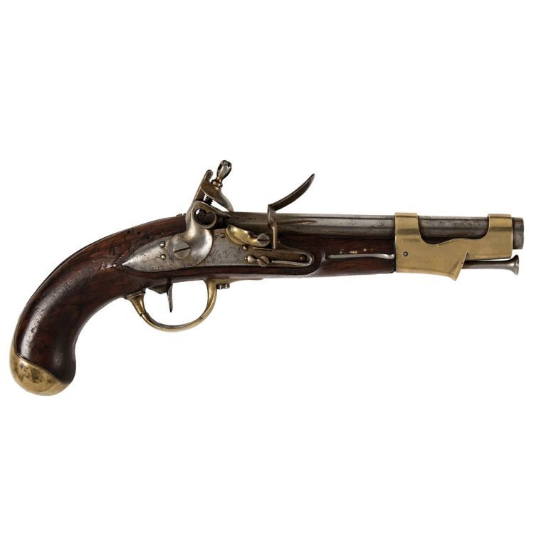 Octagonal barrelled flintlock pistol with brass pan engraved 'Mare Nale de Charlevill".