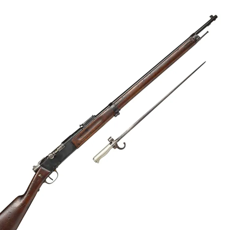 A long barrelled wood and metal rifle with detached bayonet with a white metallic handle