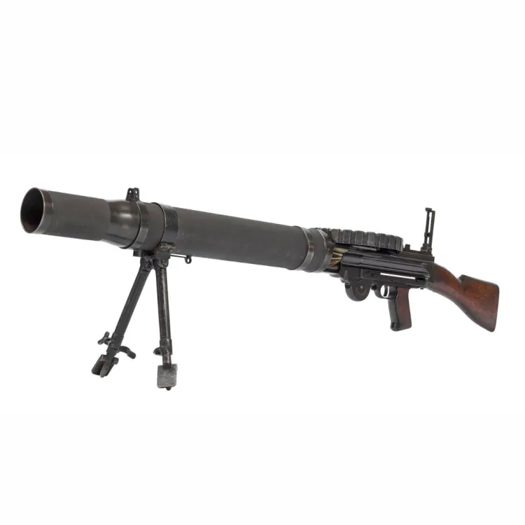 A long barrelled light machine gun with supports and finished in wood
