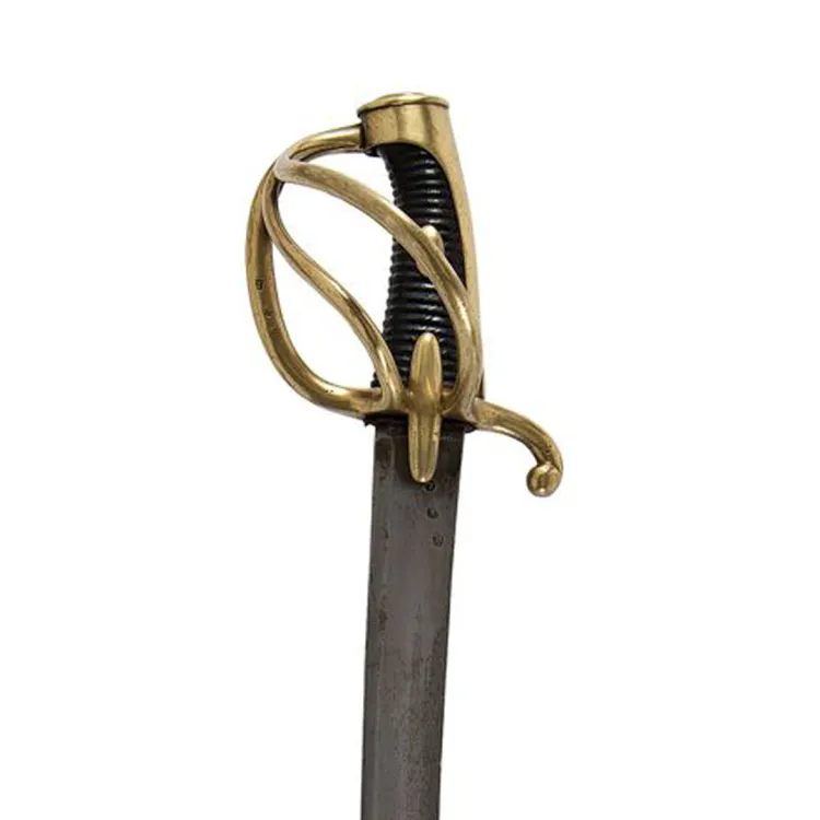 A brass, half basket hilt with integrated knuckle guard and wood cut grip with leather and wire binding.