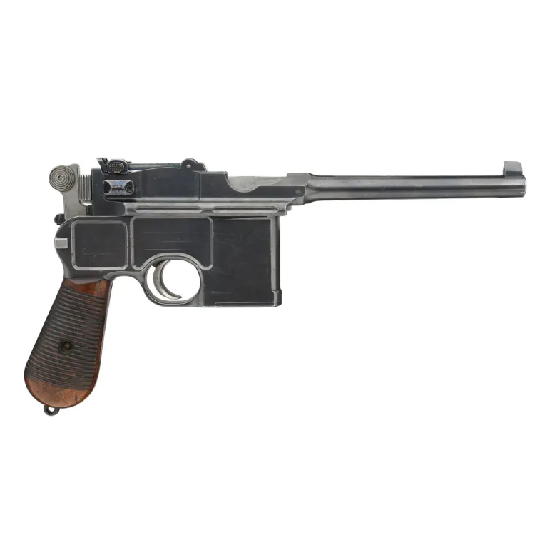 A wooden broom-handled pistol with a metallic body and long barrel