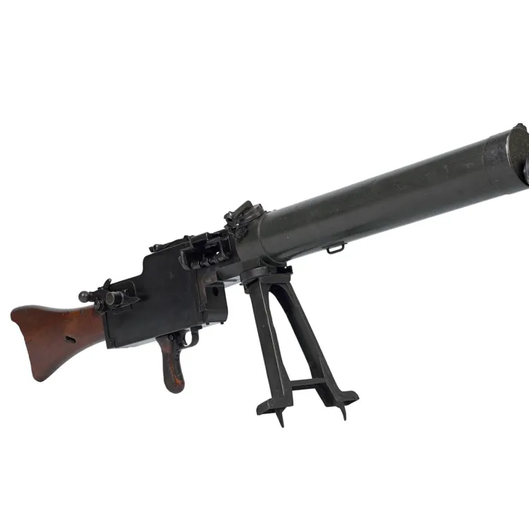 A black metal machine gun with wooden buttstock and bipod support in the centre