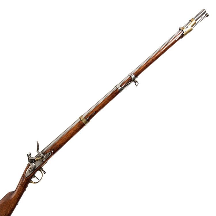 Long barrelled musket banded by two brass bands and one iron band, with octagonal barrel at breech.