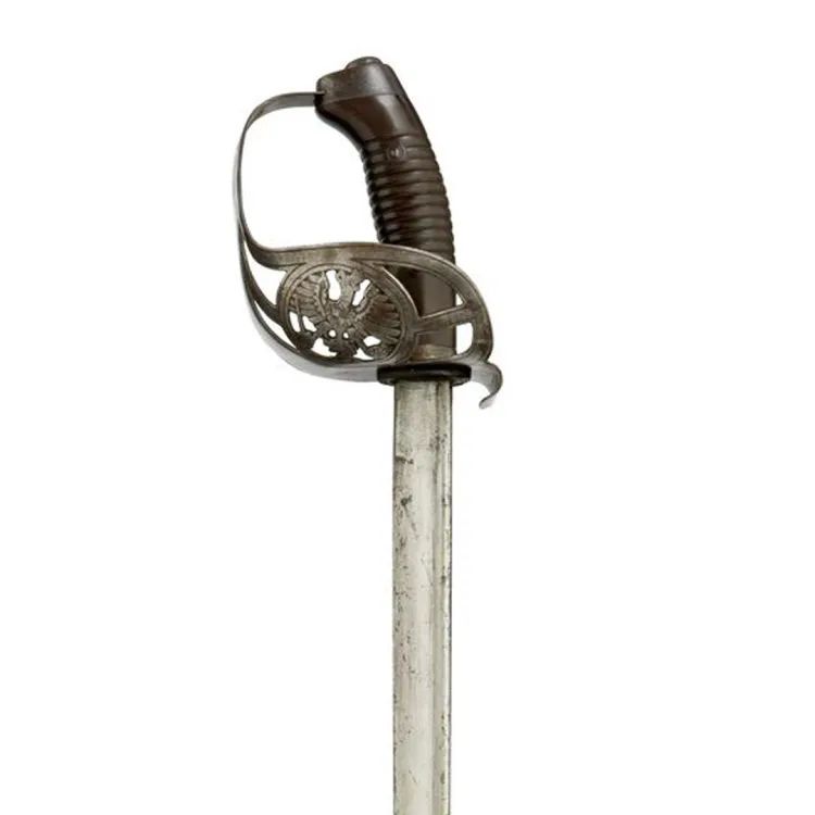A cavalry sword decorated with a black hilt and steel guard with an imperial eagle
