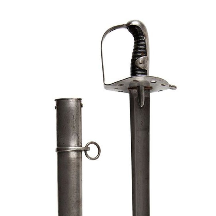 Steel hilt with straight stirrup guard and broad single-edged blade and wooden grip bound with cord.