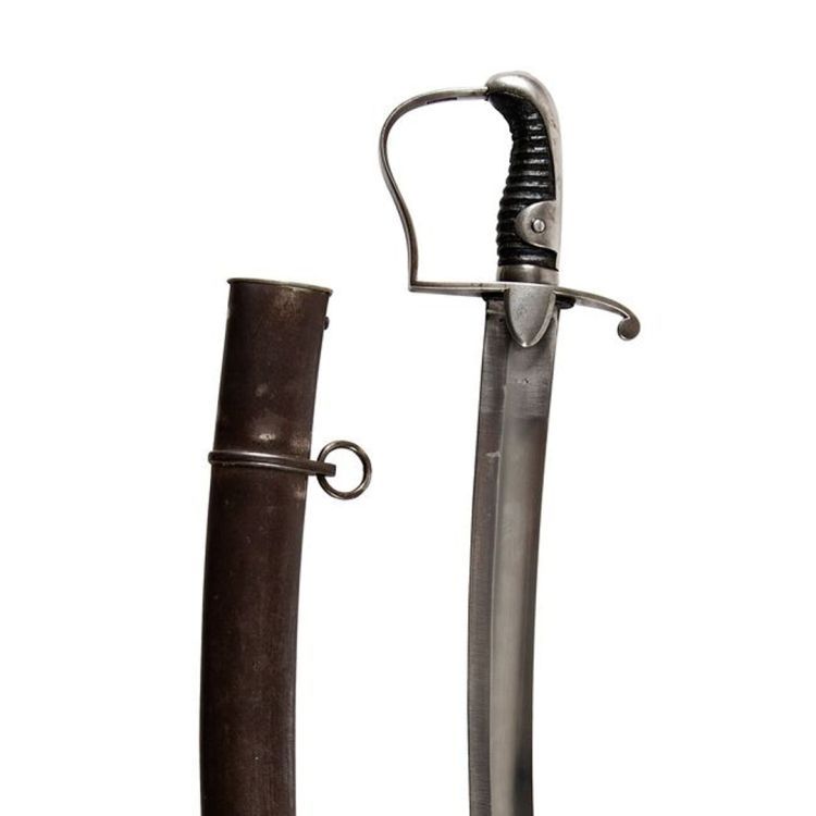 Steel scabbard with loose rings. A curved blade with single bar curved guard and black wooden cord wrapped hilt.