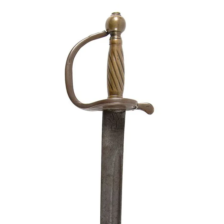Brass hilt, fluted grip and knuckle bow attached to a curved single edged blade.