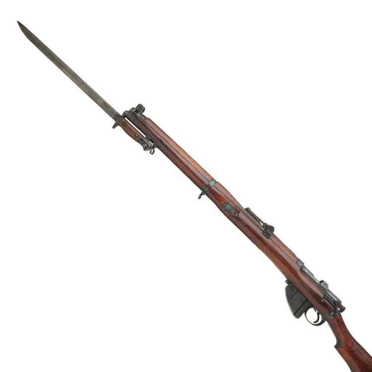 A rifle in wood and metal with a long sword bayonet on the muzzle