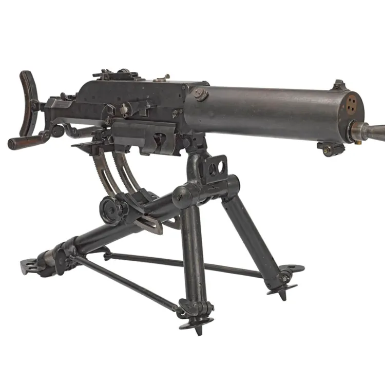 A machine gun with flared barrel and cylindrical barrel jacket, mounted on a tripod