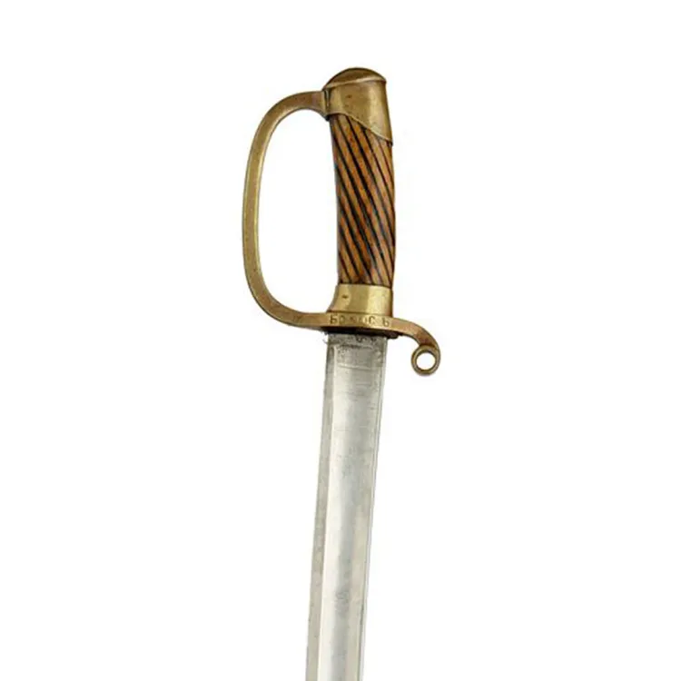 A curved sword blade with one band bronze/brass knuckle guard and carved wooden hilt