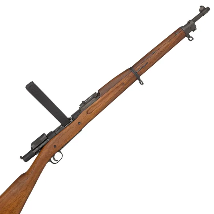 A long barrelled rifle in wood and metal with a Pederson device attached to receiver 